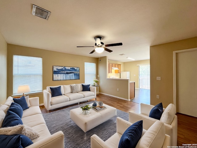 living room with ceiling fan and hardwood / wood-style floors