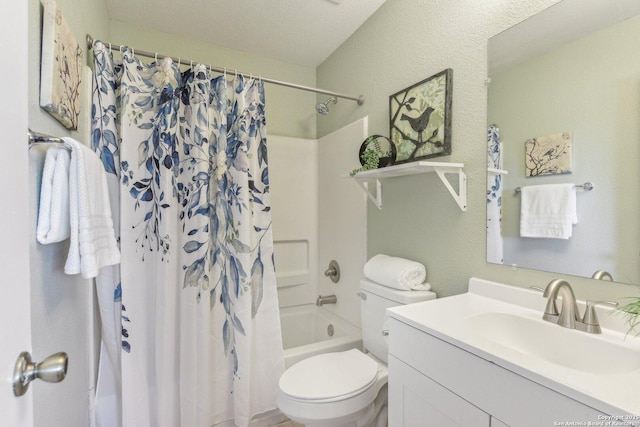 full bathroom featuring shower / bath combination with curtain, vanity, and toilet