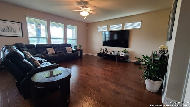 living room with ceiling fan and dark hardwood / wood-style flooring