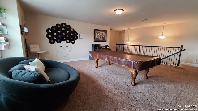 recreation room featuring carpet and billiards