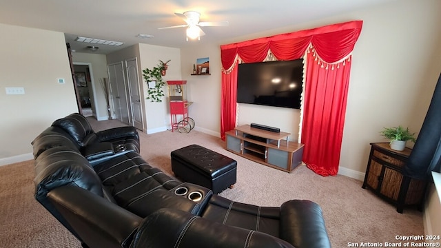 living room with carpet floors and ceiling fan