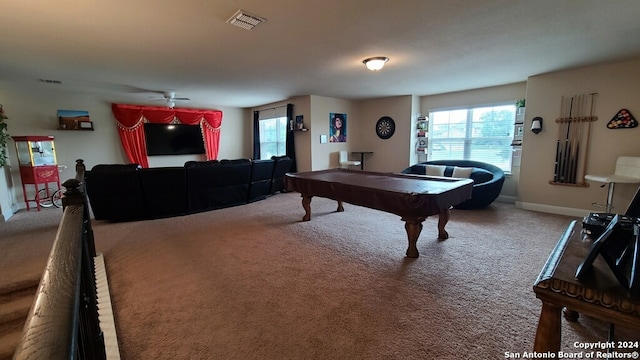 recreation room featuring ceiling fan, billiards, and carpet floors