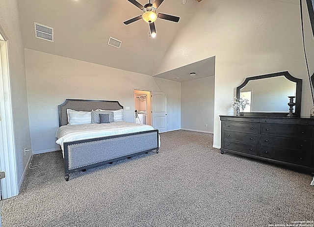 carpeted bedroom featuring ceiling fan and high vaulted ceiling