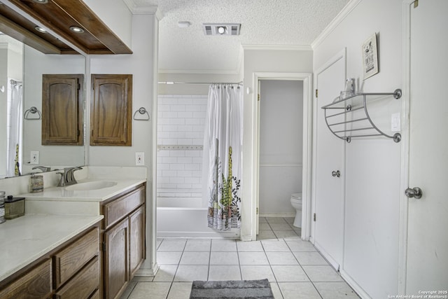 full bathroom featuring tile patterned flooring, vanity, toilet, crown molding, and a textured ceiling