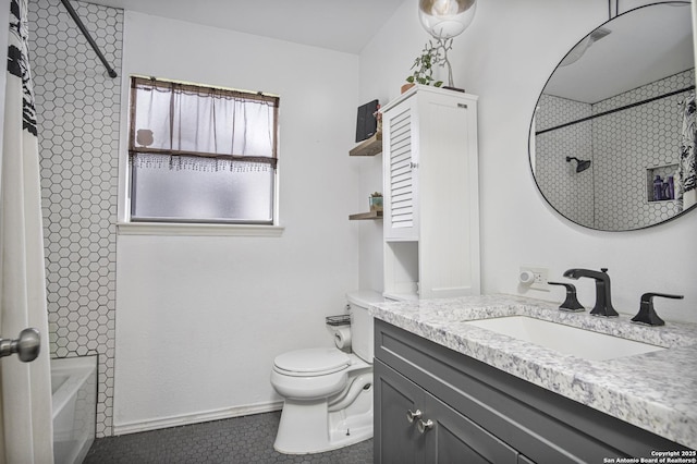 full bathroom with tile patterned flooring, vanity, bathing tub / shower combination, and toilet