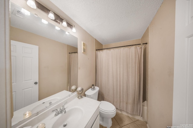 full bathroom featuring toilet, a textured ceiling, vanity, shower / bath combination with curtain, and tile patterned flooring