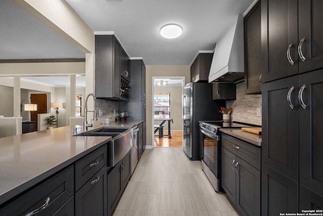 kitchen with stainless steel range with electric stovetop, sink, backsplash, and custom exhaust hood