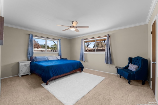 bedroom featuring ceiling fan, light colored carpet, and ornamental molding