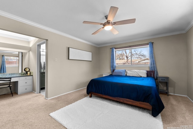 bedroom featuring light carpet, crown molding, and multiple windows