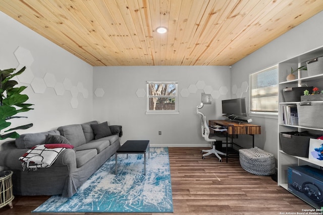 office space with hardwood / wood-style floors, wooden ceiling, and a healthy amount of sunlight