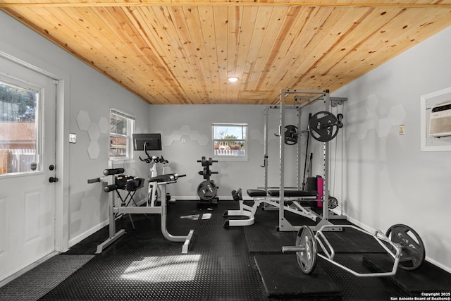 exercise area featuring wood ceiling