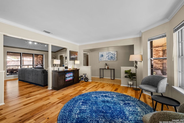 living room with crown molding and light hardwood / wood-style floors