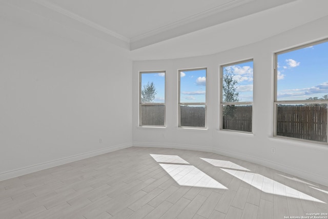 empty room featuring ornamental molding, light hardwood / wood-style floors, and plenty of natural light