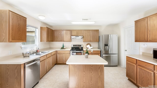 kitchen with sink, a kitchen island, and appliances with stainless steel finishes