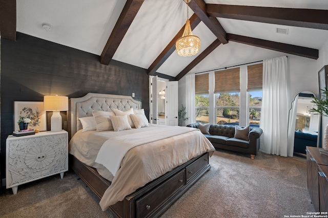 carpeted bedroom featuring lofted ceiling with beams and an inviting chandelier