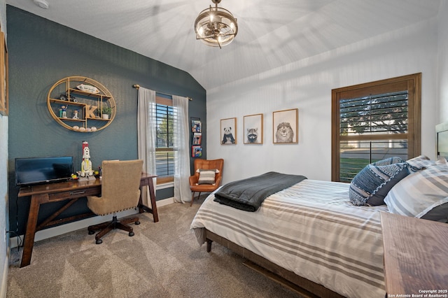 carpeted bedroom featuring vaulted ceiling