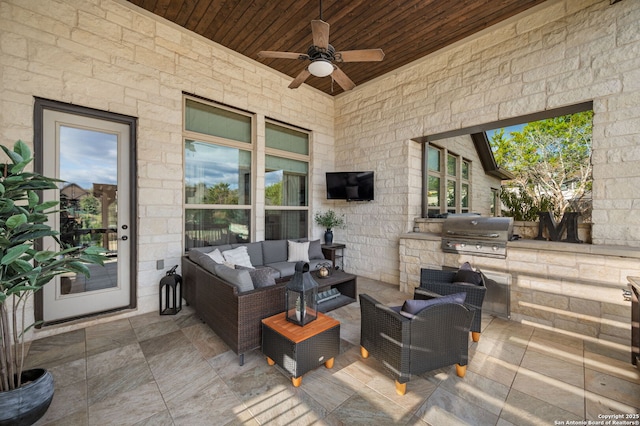 view of patio with exterior kitchen, a grill, an outdoor hangout area, and ceiling fan