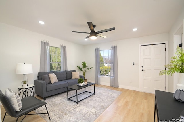 living room featuring ceiling fan and light wood-type flooring