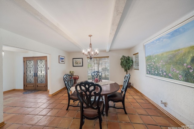 tiled dining room featuring beamed ceiling and a chandelier