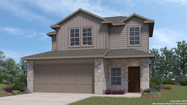 view of front of property with roof with shingles, stone siding, a garage, board and batten siding, and concrete driveway