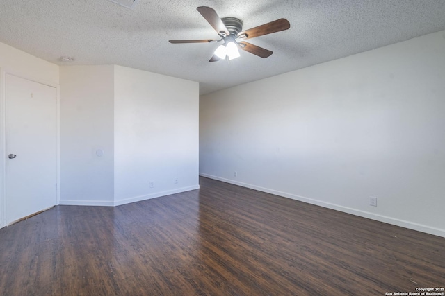 unfurnished room featuring ceiling fan, dark hardwood / wood-style floors, and a textured ceiling