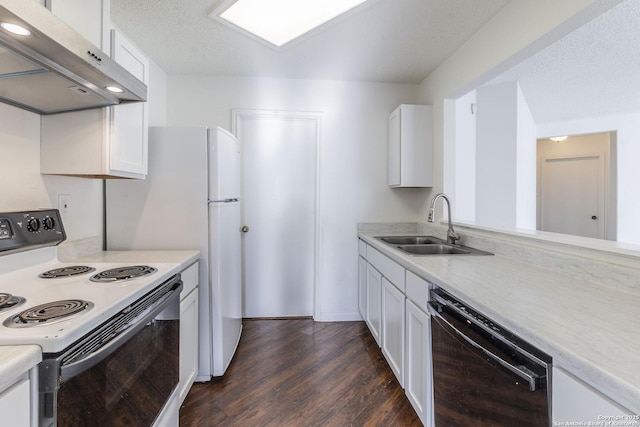 kitchen featuring white cabinetry, white electric stove, and black dishwasher