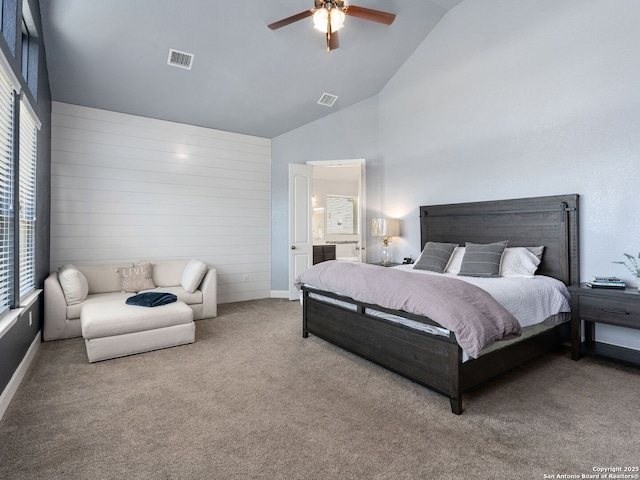 bedroom featuring multiple windows, ceiling fan, carpet floors, and high vaulted ceiling