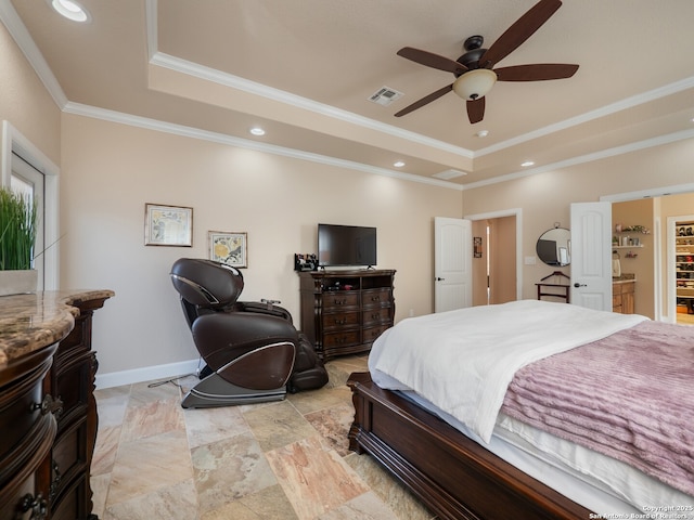 bedroom featuring crown molding, baseboards, a raised ceiling, and recessed lighting