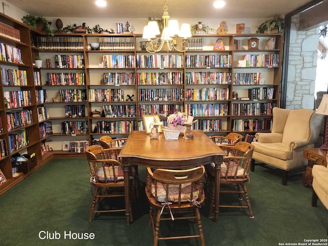 3601 Elm Ct, Schertz, TX 78108 - living area featuring wall of books, carpet flooring, and an inviting chandelier