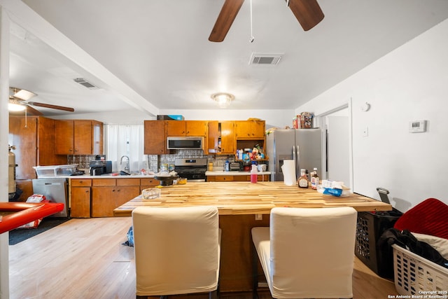 kitchen featuring wooden counters, appliances with stainless steel finishes, beam ceiling, light hardwood / wood-style floors, and decorative backsplash