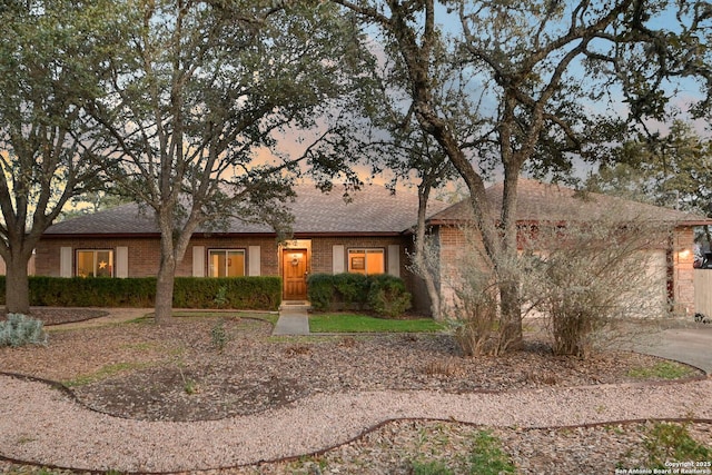 single story home with a garage, concrete driveway, brick siding, and roof with shingles