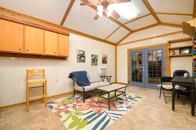 living area with a wall unit AC, vaulted ceiling, a ceiling fan, and french doors