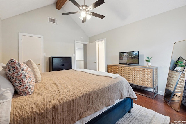 bedroom featuring beam ceiling, ceiling fan, high vaulted ceiling, and dark hardwood / wood-style flooring