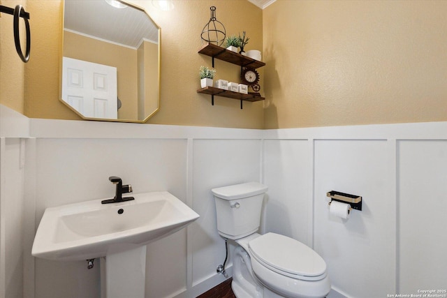 bathroom with sink, ornamental molding, and toilet