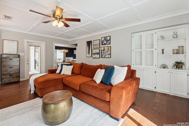 living room with coffered ceiling, ceiling fan with notable chandelier, and dark hardwood / wood-style floors