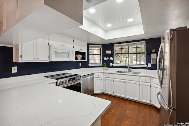 kitchen featuring sink, a tray ceiling, kitchen peninsula, stainless steel appliances, and light stone countertops