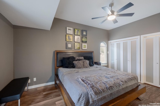 bedroom with hardwood / wood-style flooring and ceiling fan