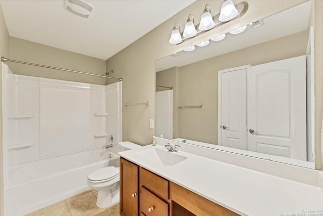 full bathroom with tile patterned flooring, vanity, bathtub / shower combination, and toilet