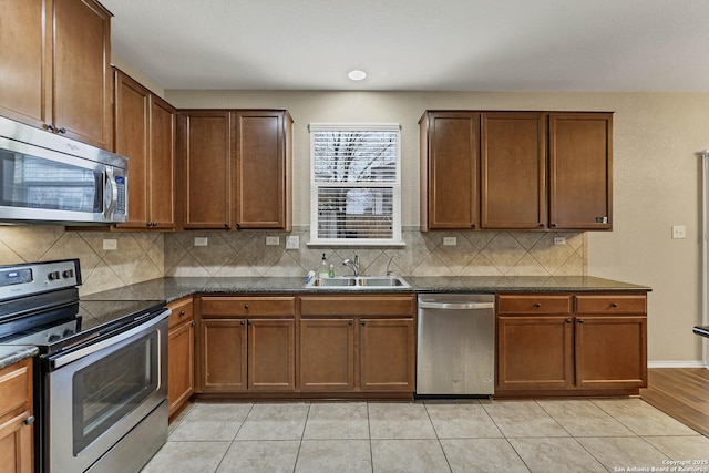 kitchen with appliances with stainless steel finishes, sink, light tile patterned floors, and decorative backsplash