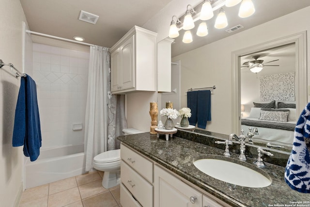 full bathroom featuring tile patterned floors, toilet, vanity, shower / bathtub combination with curtain, and ceiling fan