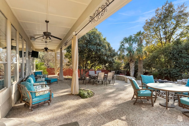 view of patio / terrace with ceiling fan and an outdoor hangout area