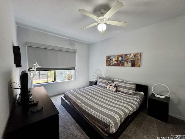 bedroom featuring carpet flooring and ceiling fan