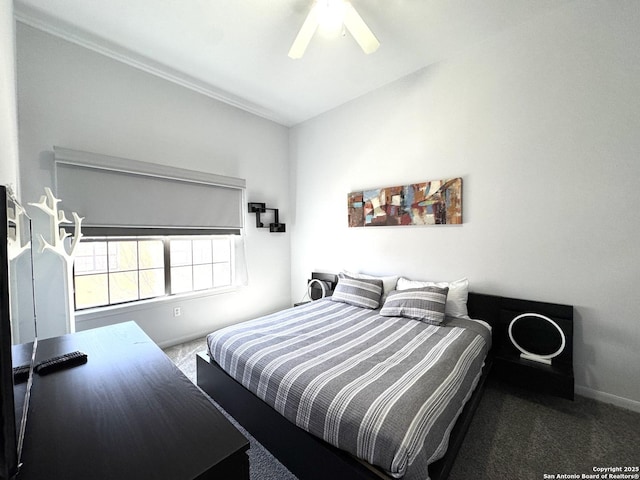 bedroom with ceiling fan and carpet floors