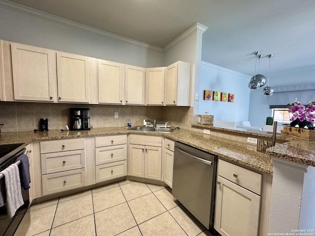 kitchen featuring sink, ornamental molding, appliances with stainless steel finishes, light stone countertops, and backsplash