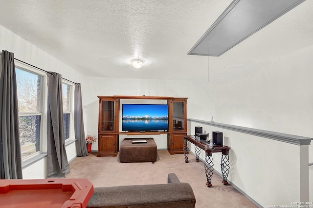 carpeted living room featuring a textured ceiling