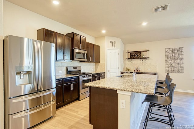 kitchen with sink, appliances with stainless steel finishes, backsplash, a kitchen breakfast bar, and a center island with sink