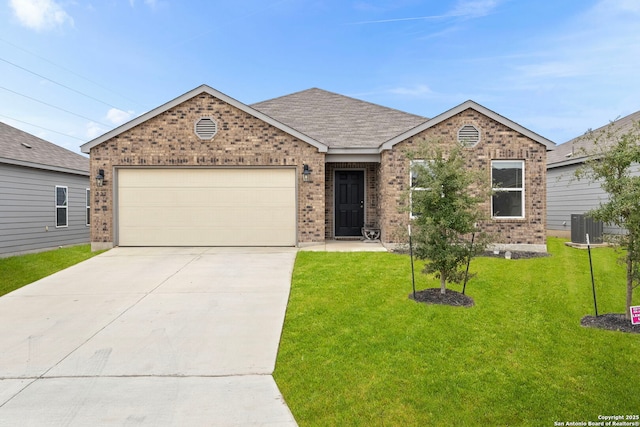 single story home with a garage, central AC, and a front lawn