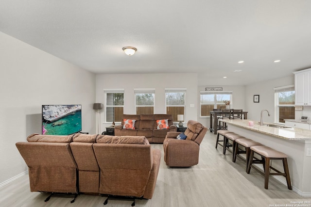 living room featuring sink and light wood-type flooring