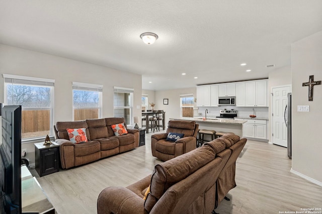 living room featuring sink, a textured ceiling, and light hardwood / wood-style floors