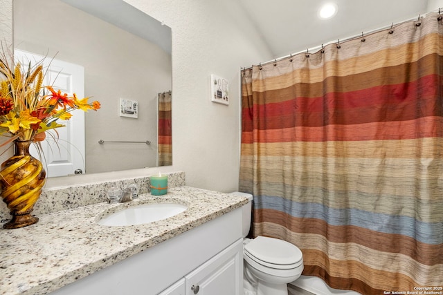 bathroom with vanity, walk in shower, and toilet